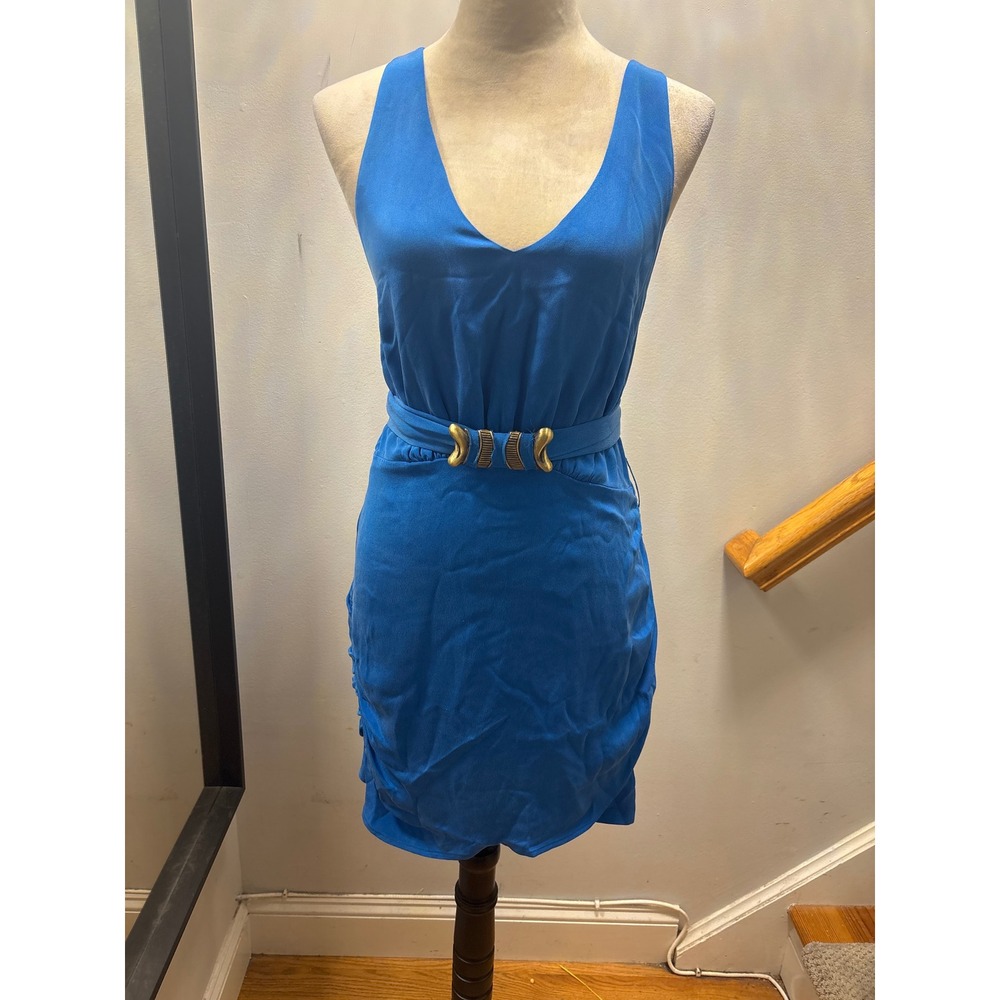 Madison Marcus Mini Dress Women M Blue V-Neck Ruched Belted Cocktail
